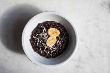 Close up of chocolate oatmeal served in bowl