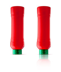 Tomato ketchup red isolated vibrant color plastic bottles for branding on white background studio...