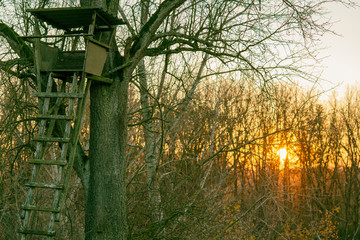 Jagdhochstand bei Sonnenuntergang