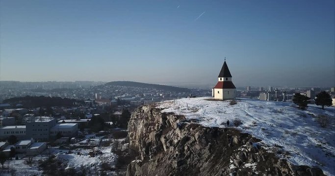 Aerial shot of Calvary Chapel on Hill in Nitra on sunny winter day, Slovakia