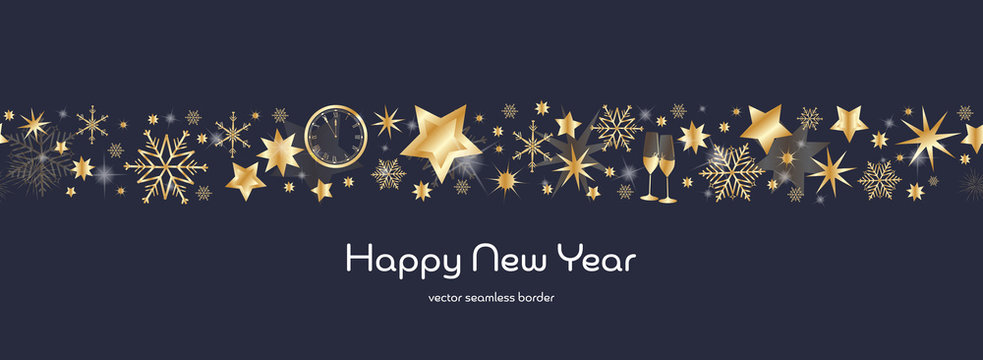 Happy New Year. Dark blue and golden snowflake and star seamless border with glasses of champagne, clock and fireworks. Text : Happy New Year