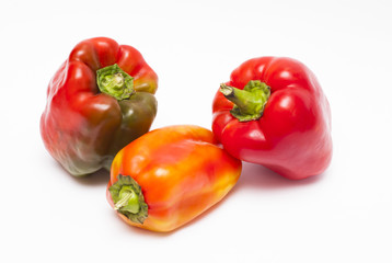Ripe peppers of different colors close up on a white background