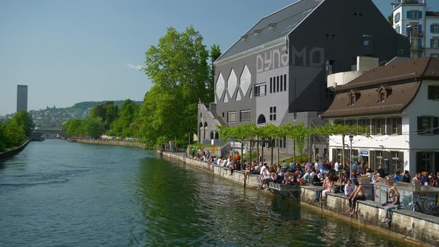 sunny day zurich city famous riverside club place bridge slow motion panorama 4k switzerland
