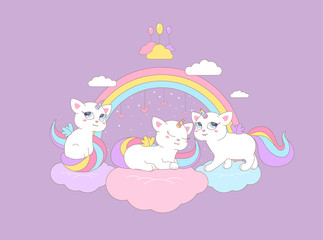 Cute kittens unicorns sit on the clouds under the rainbow