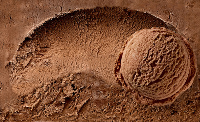 Chocolate ice cream scoop on spooned ice cream background  
