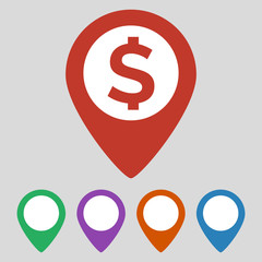 Map marker with money icon on grey background.