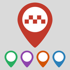 Map pointer with taxi icon on grey background.