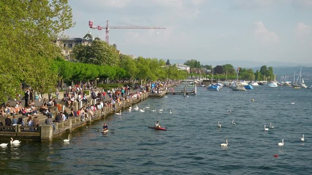sunny day zurich lakeside bay crowded promenade bay slow motion panorama 4k switzerland

