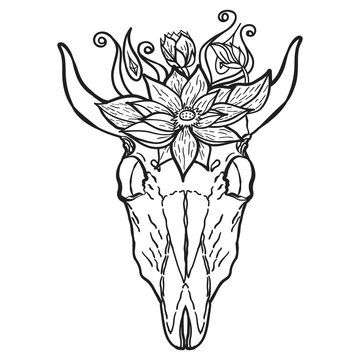 Vintage bull skull with flower on her head monochrome label isolated vector illustration