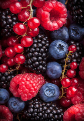Berries fresh shiny colorful overhead mix arrangement blackberries red currant raspberries close up in studio
