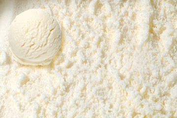 Vanilla  ice cream scoop on spooned ice cream background  