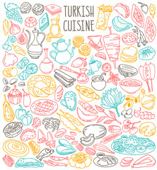Turkish food doodles set. National cuisine, main dishes, desserts, drinks. Hand drawn vector illustration isolated on white background