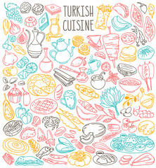 Turkish food doodles set. National cuisine, main dishes, desserts, drinks. Hand drawn vector illustration isolated on white background
