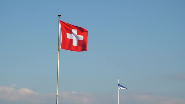 sunny day zurich city lakeside bay national flag slow motion panorama 4k switzerland
