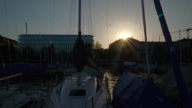 sunny evening zurich city lake yacht dock slow motion panorama 4k switzerland

