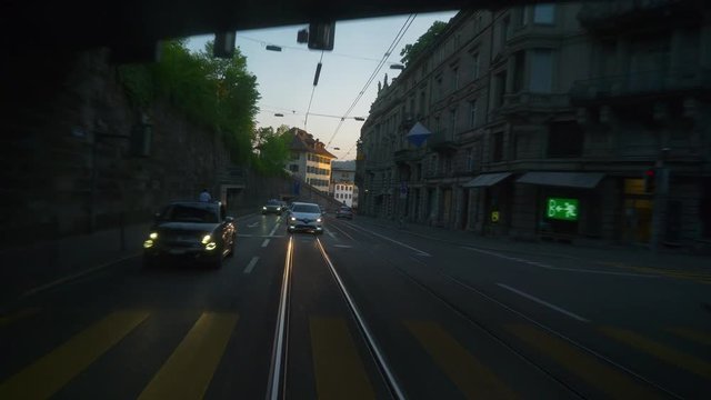 twilight zurich city street tram ride side pov panorama 4k switzerland
