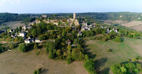 Fototapeta na wymiar French village in aerial view, Turenne France