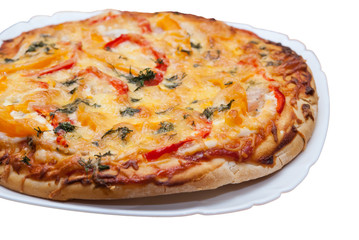 Appetizing pizza on a plate close up, on a white background