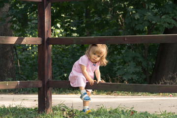 Little blond girl in pink dress climbing over the wooden fence in summer day on the forest background. Vocation in the village. Baby one year old walking in the forest. Soft focus.