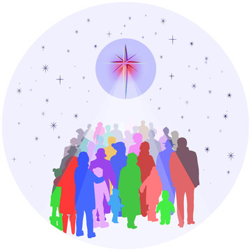 Silhouettes in bright colors of people of all ages and ethnicity, gathering below a brightly shining star representing the birth of Jesus on Christmas, a vector illustration. 