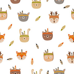 Seamless pattern with tribal animals on a white background. Doodle illustration. Thanksgiving day, autumn holiday, baby shower
