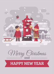 Two cute children sending a letter to Santa Claus Christmas greeting card flat illustration. Merry Christmas and Happy New Year