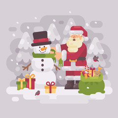 Happy Santa claus giving a scarf to a cute snowman. Christmas flat illustration