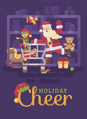 Santa Claus riding a shopping cart with his elf in a toy supermarket. Christmas flat illustration card
