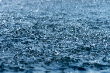 Falling rain drops, splash on water surface