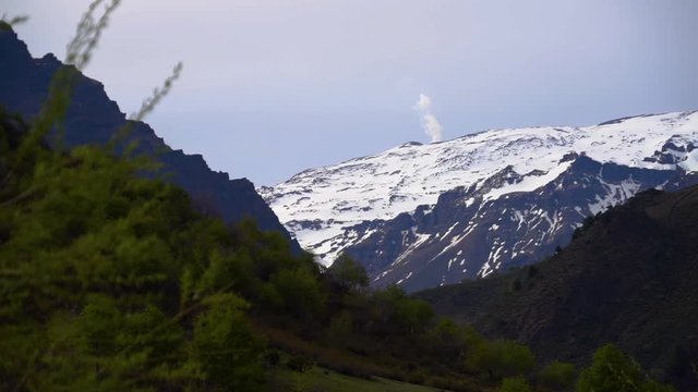 Beautiful landscape with snow capped mountains. Trapa Trapa region Alto Biobio Chile. Flat plane