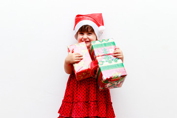 girl with gifts and christmas hat, white background