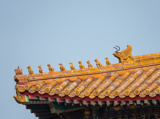 Fototapeta na wymiar Details of roof and carvings in Forbidden City in Beijing