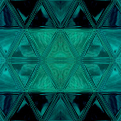 transparent teal line of stained glass triangles elements on dark background, with copy space