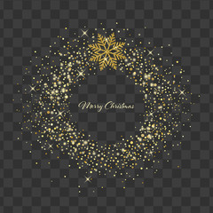 Christmas wreath with snowflakes. Winter holiday gold glitter decoration on transparent background. Vector shine illustration. Design element for cards, invitations, posters and banners 