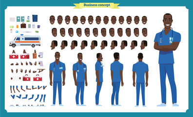 Front, side, back view animated black american character. Doctor character creation set with various views, face emotions, poses and gestures. Cartoon style, flat vector illustration.