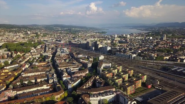 sunny day zurich city train station railways aerial panorama 4k switzerland 
