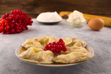 A portion of boiled dumplings with viburnum berries, ingredients for making dough products.