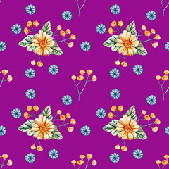 Seamless pattern with watercolor wildflowers on a purple background