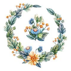 Watercolor wreath. Wildflowers. The composition of watercolor flowers.