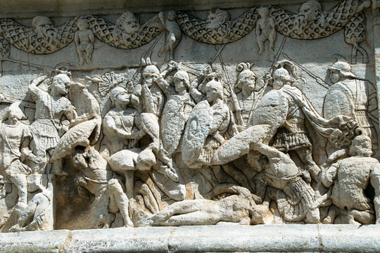 Bas Relief sculpures on the Mausoleum in the ancient Roman archaelogical site near the town of St Remy de Provence, France
