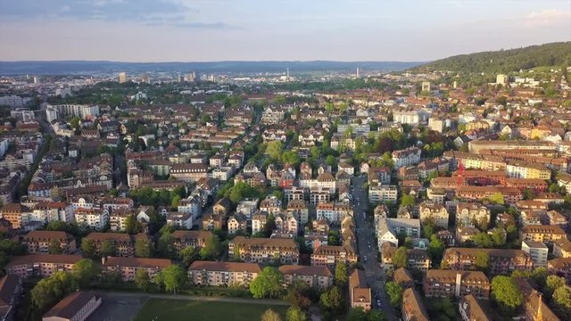 sunny evening zurich cityscape traffic streets aerial panorama 4k switzerland
