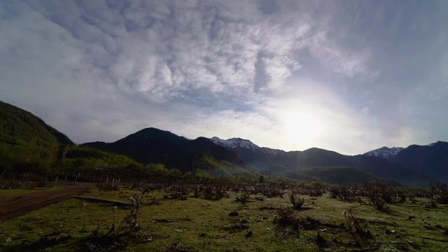 Beautiful landscape with snow capped mountains in a sunny day. Trapa Trapa region Alto Biobio Chile. Time lapse