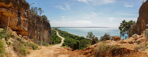 View down to Bahia de las Aguilas Beach, Dominican Republic. - obrazy, fototapety, plakaty