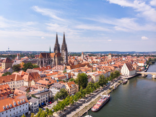 Aerial photography of Regensburg city, Germany. Danube river, architecture, Regensburg Cathedral and Stone Bridge - obrazy, fototapety, plakaty