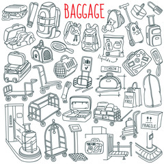 Baggage doodle set. Variety of travel luggage, bags, cases, suitcases, backpacks, transportation carts, pets carriers. Hand drawn vector illustration isolated on white background.