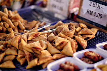 Asian, Indian and Chinese street food. Food court on local market of Langkawi island, Malaysia..Traditional asian street food.