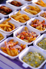 Asian, Indian and Chinese street food. Food court on local market of Langkawi island, Malaysia..Traditional asian street food.