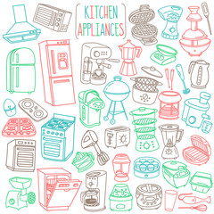 Kitchen appliances doodle set. Cooking equipment and facilities - major and small appliances, consumer electronics, kitchenware. Hand drawn vector illustration isolated on white background