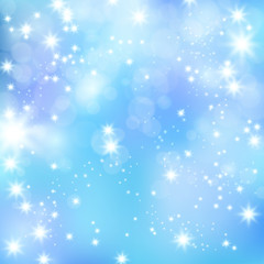 Fototapeta na wymiar Sky blue sparkling vector background. Magical clouds and blurred sundogs, fresh, clean day dream theme. Azure misty soft shine. Starry inspiring heaven backdrop, Christmas crystal winter wallpaper.
