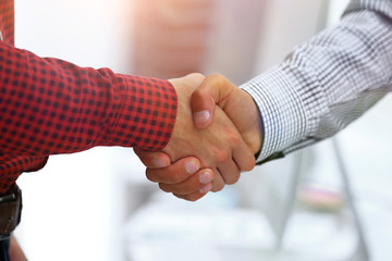 Closeup of a business hand shake between two colleagues